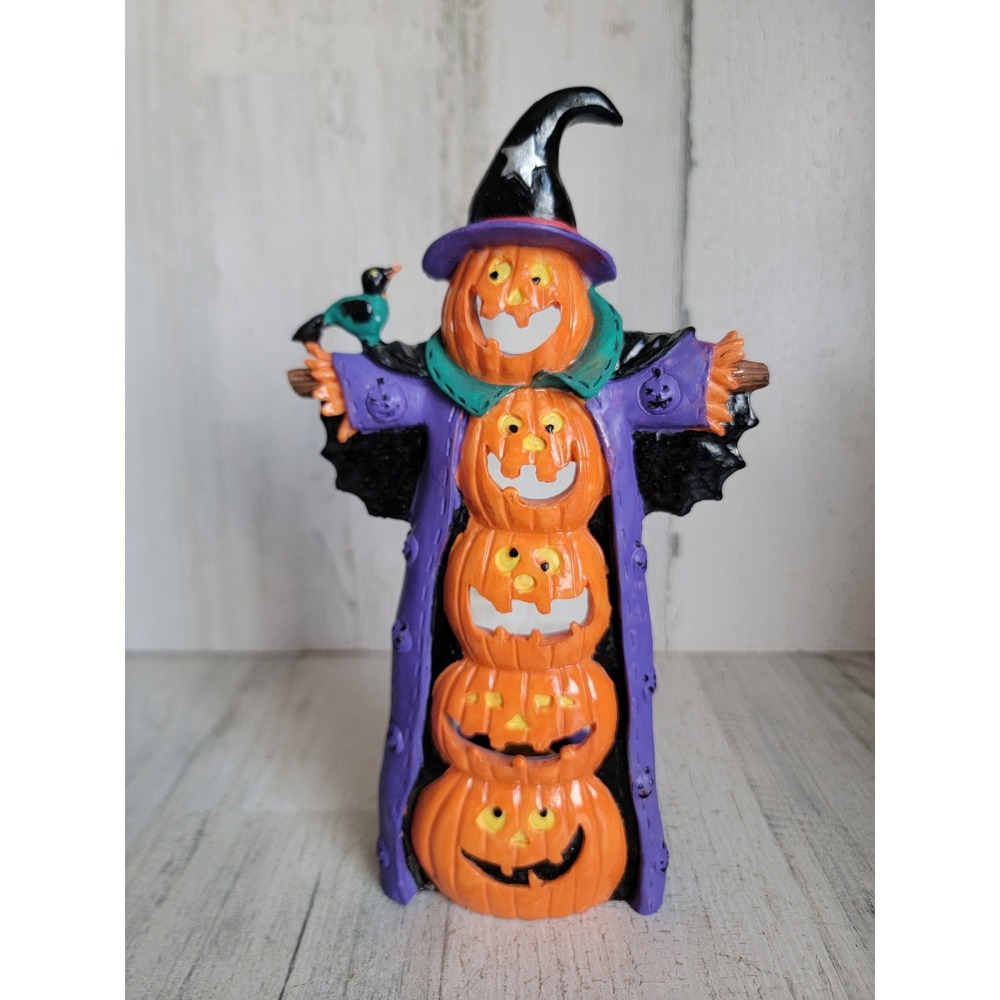 Vintage Halloween pumpkin stack witch candle stick holder home decor